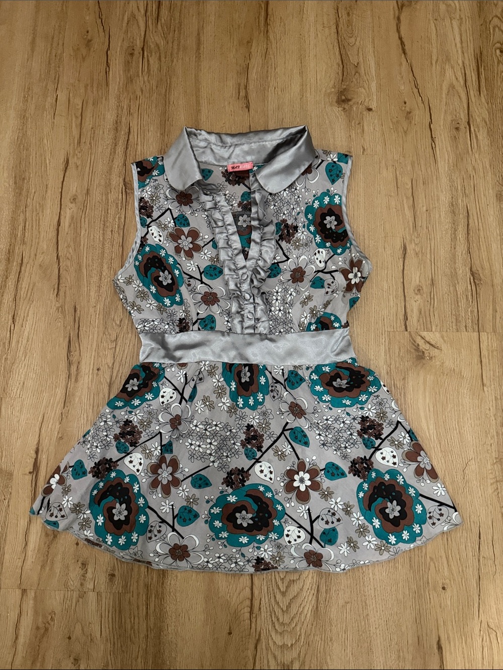 Y2k Max Rave Teal, Gray & Brown Floral Ruffle Babydoll Blouse
